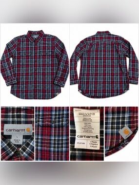 Carhartt Men’s Large Plaid  Button Up Shirt Red Blue Workwear